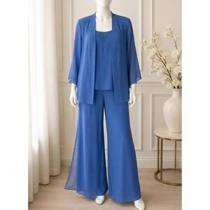 Karen Miller Womens Pant Set Blue Beaded Chiffon Overlay Evening 14WP